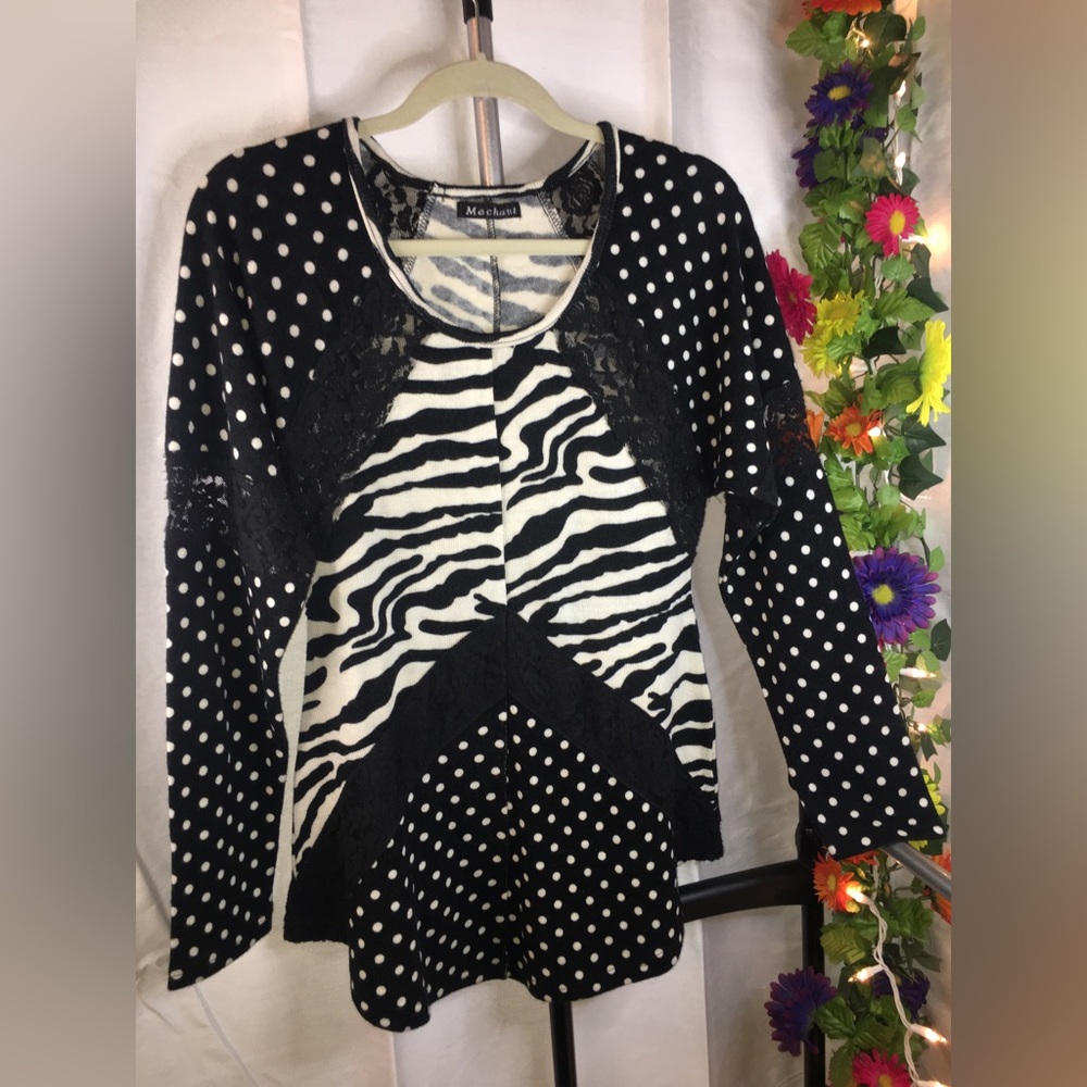 Mechant | Women’s Black/White Polka Dot Zebra Pattern Blouse Top